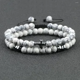 Strand 2Pcs/Set Couple Natural Stone Bracelet Prayer Cross Healing Distance Lava Beads Yoga Jewelry Gift For Friend