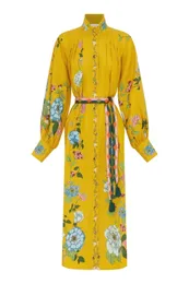 Womens Dress Australian Designer Dress 2023 Early Autumn Lantern Sleeves Flax Plant Print Loose Fit Dress