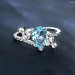 Wedding Rings Pear Cut Light Blue Stone Water Drop For Women Silver Color Zircon Wave Bands Charm Engagement Ring Jewelry