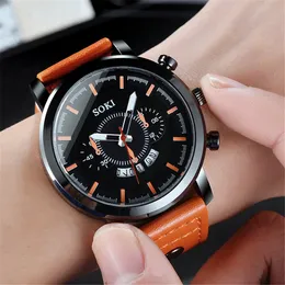 2021 Soki Brand European And American Spring New Hot Style Casual Fashion Business Men's Pu Strap Calendar Sports Quartz Watch