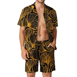 Herrspårar ginkgo biloba män set gula blad tryck avslappnad shorts strandskjorta set hawaii mönster kostym kort ärm överdimensionerade kläder