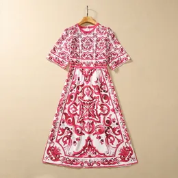 2023 Summer Red and White Porcelain Paisley Print Beaded Cotton Dress Short Sleeve Round Neck Rhinestone Midi Casual Dresses S3Q160713