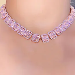 Kedjor Iced Out Pink Baguette Cuban Link Tennis Necklace For Women Bling 13mm Micro Pave Square Chain Punk Smycken