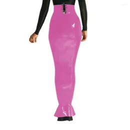 Skirts Sissy Ruffle Hobble Lockable High Waist Wraps Skirt Glossy PVC Restricted Long Pencil Sexy Office Ladies Clubwear