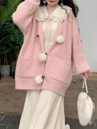 Damenstrick HOUZHOU Kawaii Pullover Strickjacke Frauen Japanische Mode V-Ausschnitt Plüsch Knopf Niedlich Langarm Lose Strick Winter Rosa Top