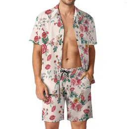 Fatos de treino masculinos Conjuntos masculinos vintage com estampa de flores Vermelho floral estético Conjunto de camisas casuais manga curta Shorts personalizados Terno de férias de verão 2XL 3XL