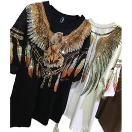 Swimwear L4xl Big Size Print Both Side Eagle Rhinestones Top Oversize Tshirt Women Men Loose Short Sleeve Hip Hop Graphic T Shirts Lady