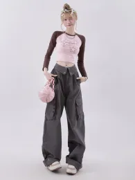 灰色の貨物パンツ女性バギーサイバーY2K美的テックウェアワイドレッグ