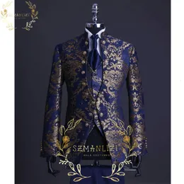 Men s Suits Blazers Handsome Blue Gold Floral Rim Stage Men Suit Set Stand Collar Mens Wedding Formal Groom Tuxedo Costume Jacket pants vest 230715