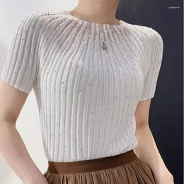 Women's Blouses Mulberry Silk O Neck Slim Women Summer Tops Organza Knitted Shirt Beading Luxury Short Sleeve Blouse Casual Knitwear 27381