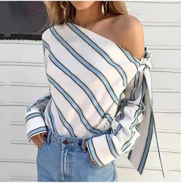 2023Summer Women New Striped Loose Blouse Fashion Lady Off Shoulder Lace Up Shirts Female Elegant Tops Blouses Long Sleeve Chic