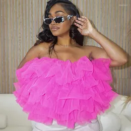 Kvinnors blusar kvinnor blus 2023 mode kaskad puffy kronblad mesh gase ärmlös rygglös bustier toppar avslappnade eleganta streetwear