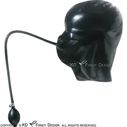 Black Sexy Latex Hoods kostymtillbehör med uppblåsbara munkulgummmasker och rör Handpump plus storlek 0049306T