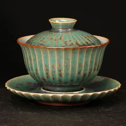 Vintage Glaze Kiln Change Gaiwan 100ml Green Ceramic Tea Bowls with Lid Big Master Cup Pu'er Tea Tureen Tea Cup Accessories268K