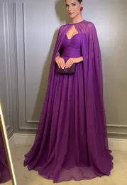 エレガントな長い紫色のイブニングドレスシフォンフロアレングフォーマルプロムパーティーガウンプリーツガラドレスベスティドス女性ドレスとケープ