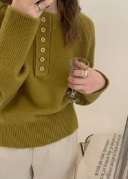 女性用セーター秋と冬の韓国デザインハーフオープンボタンラウンドネックプルオーバーセーターソリッドカラー用途ルーズラグラン長い