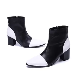 Bota Masculina Patchwork Black White Men orygine skórzane buty chelsea męskie obcasy wysokie kostki buty