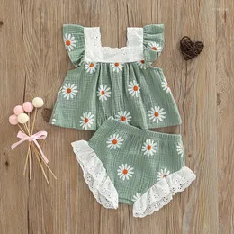 Conjuntos de roupas de verão bebê meninas linda roupa estampa floral elástico sem mangas babado plissado colete PP shorts roupas infantis