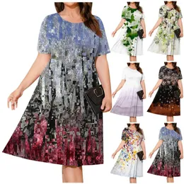 Casual Dresses Womens Plus Size Summer Dress Short Sleeve Paletead midja Löst fit Swing T-shirt med fickor Vestido Feminino