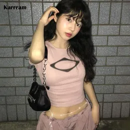 Koszulka damska Karrram Grunge Aesthetics Crop Tops krótki rękaw Y2K Graphic T Shirt Fairycore Print Slim Tshirt Chic Korean Fashion Streetwear 230717