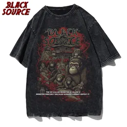 Herren T-Shirts schwarz Quelle Cartoon Affe Attack Wash Black Vintage T-Shirt 230717