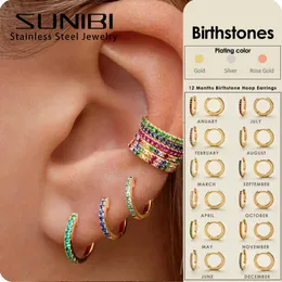 Stud Stainless Steel Birthstone Minimal Hoop Earrings for Woman Temperament Girl's Daily Wear Earrings Piercing Jewelry Wholesale J230717
