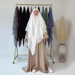 Etniska kläder Khimar Ramdan Eid Muslim Long Voile Hijab Turban Scarf Women 3 Lager Jilbab Chiffon Islam Musulman Prayer Plagment