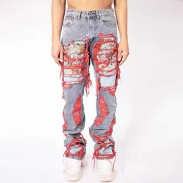 Erkekler kot pantolon hip hop yok fırçalanmış işlemeli bol rahat düz bacak denim pantolon erkek kadınlar 23030943pw