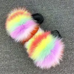 Slippers Kids Fur Slides Elastic Strap Flat Slippers Children Plush Raccoon Fur Sandals Casual Indoor Slippers Girls Fluffy Furry Shoes L230717