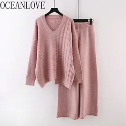 여자 2 조각 바지 Oceanlove Pant 세트 단단한 두꺼운 가을 겨울 따뜻한 2 명의 여성 복장 V 목록 스타일 느슨