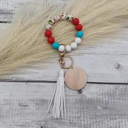 2023 Christmas cross-border New Exquisite Silicone Tape Wooden Tag Chain Leather Keychain Tassel Bracelet