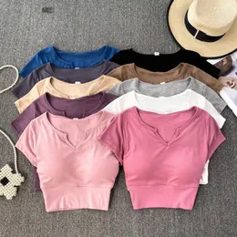 Damen-T-Shirts, T-Shirts für Frauen mit integriertem BH, V-Ausschnitt, einfarbig, lässige Tops, Damen, 2023, Allmächtiger Sommer, T-Shirts, weiblich, koreanischer Stil