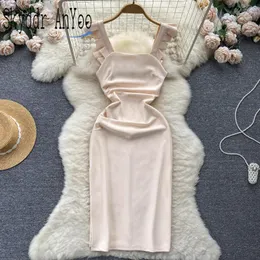 Sıradan Elbiseler 2023 Yaz Vestidos Fransızca Uçan Kol Kare Boyun Kadın Partisi Elbise Sırtsız Bodycon Chic Mii Formal