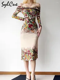 Sıradan Elbiseler Sylcue Yaz Akşam Partisi Çiçek Tasarımı Algılayıcı Zarif Olgun Cazibe Kendine Bağlı Seksi Kadın Omuz Uzun Kollu Elbise