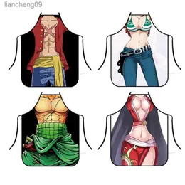 Nytt roligt förkläde Cartoon One Piece förkläden Anime Kitchen Apron Dinner Party Cooking Apron Vuxen Bakningstillbehör Barber Apron L230620