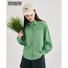 Женские блузки Toyouth Women Рубашки 2023 Весенняя длинная рукава половая шея свободная блузя зеленая полоса винтажная элегантная уличная одежда