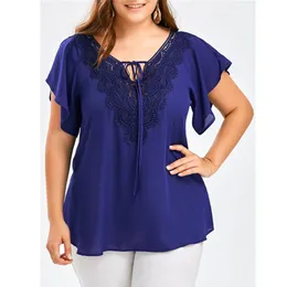 Damen Plus Size T-Shirt 5XL Plus Size Frauen Kleidung T-Shirts Sommer Kurzarm Chiffon Pullover Tops Spitze V-Ausschnitt Mode Blaues T-Shirt Female Tees 230715