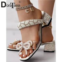 Slippare Big Size 42 Brand Ladies Chunky Heels Summer Slides Fashion Bow String Bead Women's Slippers Party Woman Shoes 230715