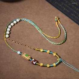 Colares com Pingente Étnica Tibetana Vento Corda de Algodão Esfregado à Mão Colar de Pérolas Feminino Thangka Contas de Cera Cordão Jóias Femininas