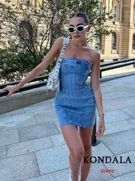Grundlegende Freizeitkleider KONDALA Sexy Blue Denim Mantel Mini Party Kleid Frauen Y2K Street Style Jeans Tube Rückenfreies, Figurbetontes Kleid Mode Vestidos 230717