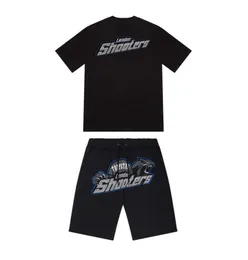 Summer new Trapstar London shooter camiseta de manga curta terno chenille decodificação de sabor de gelo preto Motion atual decote redondo T-shirt shorts Roupas de corrida soltas