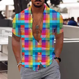 Mäns casual skjortor Mens Fashion and Leisure 3D Digital Printing Button Lapel Kort ärmskjorta Toppar 90 -tal T för män