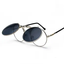 Óculos de Sol Steampunk Redondo Feminino Masculino Metal Vintage Flip Circular Lente Dupla Óculos de Sol Estilo CIRCLE Shades Gafas De S 230717