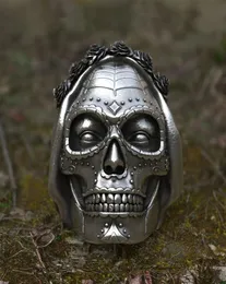 Goth Santa Muerte 반지 장미 크라운 설탕 두개골 스테인레스 스틸 반지 여성 펑크 바이커 보석 독특한 선물 3101069