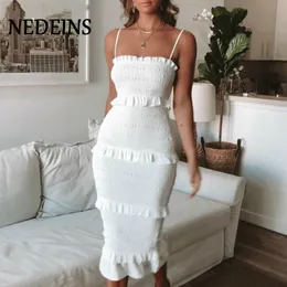 Grundläggande casual klänningar Nedeins Summer Fashion Sling Long Dress Women Casual Party Dress Female Ruffles Vestidos Plus Size Natural Solid Dress 230715