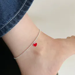 Anklets Real 925 Sterling Silver Red Heart Anklets Woman Beads Ankle Bracelet on the Leg Chain Women Barefoot Summer Jewelry 230715