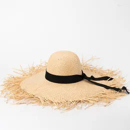 넓은 챙 모자 X262 RAW RAFFIA Straw Hat Bow Sun Cap 야외 여행 선 스크린 해변 모자 조정 크기