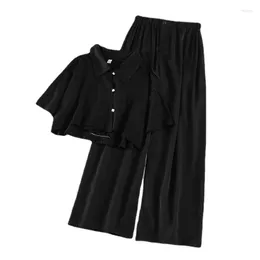 Pantaloni a due pezzi da donna Set Camicie a maniche corte da donna Retro Solido Gamba larga Vita alta Femminile Tutto-fiammifero Moda semplice Allentato Studenti Chic