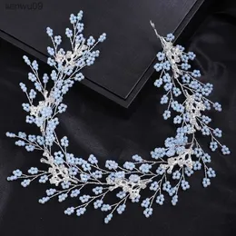 Luxury Handmde Blue Green Pearl Rhinestone Bridal pannband Kvinnor Huvudstycke Gäst bröllop Huvudbonad hårtillbehör Party Tiaras L230704