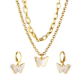 Wedding Jewelry Sets Romantic Butterfly Shape White Shell Double Chain Necklace Earring Set Luxury 18K Gold Plated 2 Pieces Jewellery 230717